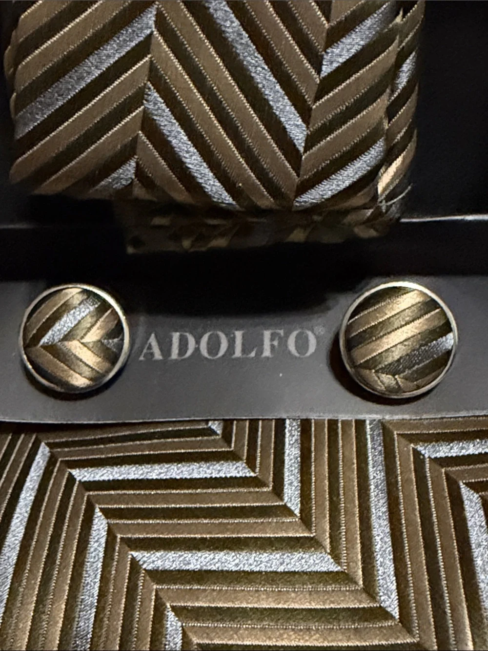 Adolfo Gold and Black Chevron Tie, Hanky & Cufflink Set